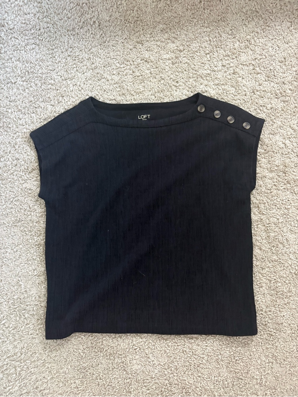 LOFT Black Ribbed Knit Cap Sleeve Top with Button Detail